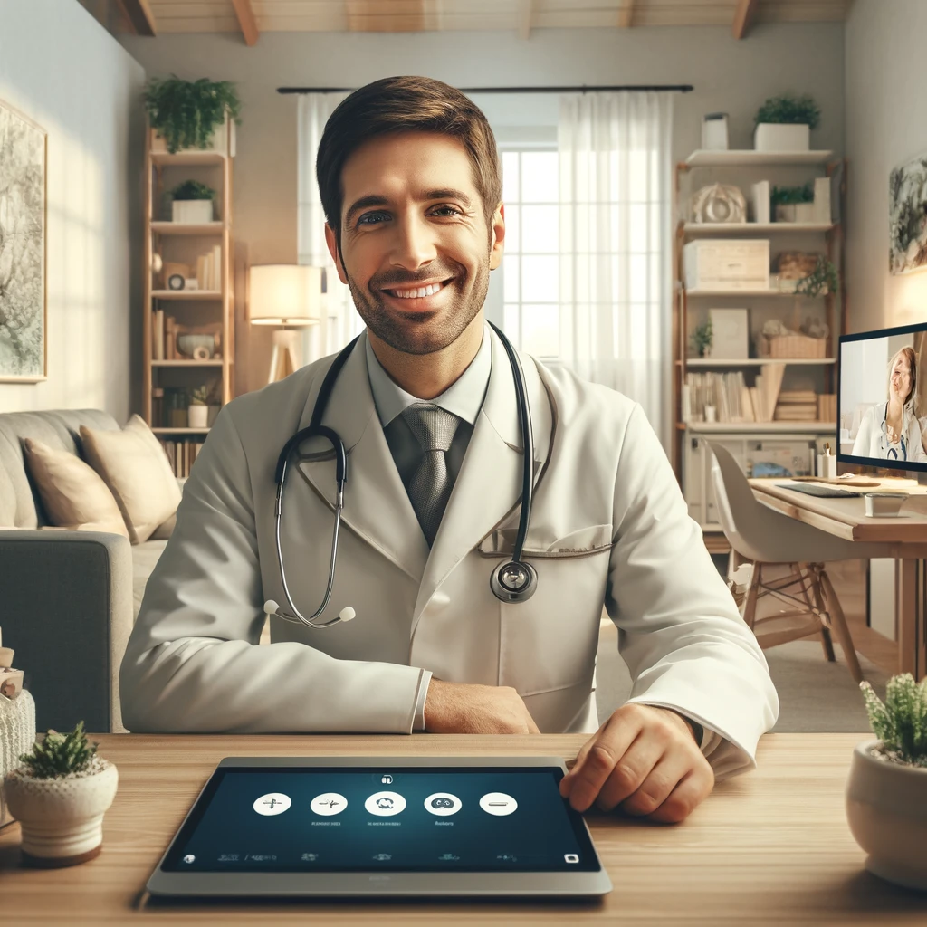 DALL·E 2024 04 12 11.13.34 A modern and soothing image for a holistic medical wellness website showing a telemedicine scenario. The scene includes a smiling professional docto