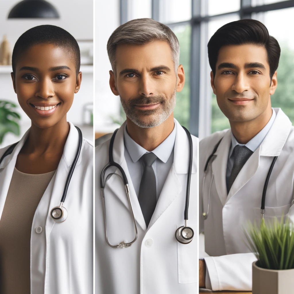DALL·E 2024 04 12 12.15.03 Create two additional images for a holistic medical wellness website featuring three diverse doctors in a clinical setting all wearing pristine whit